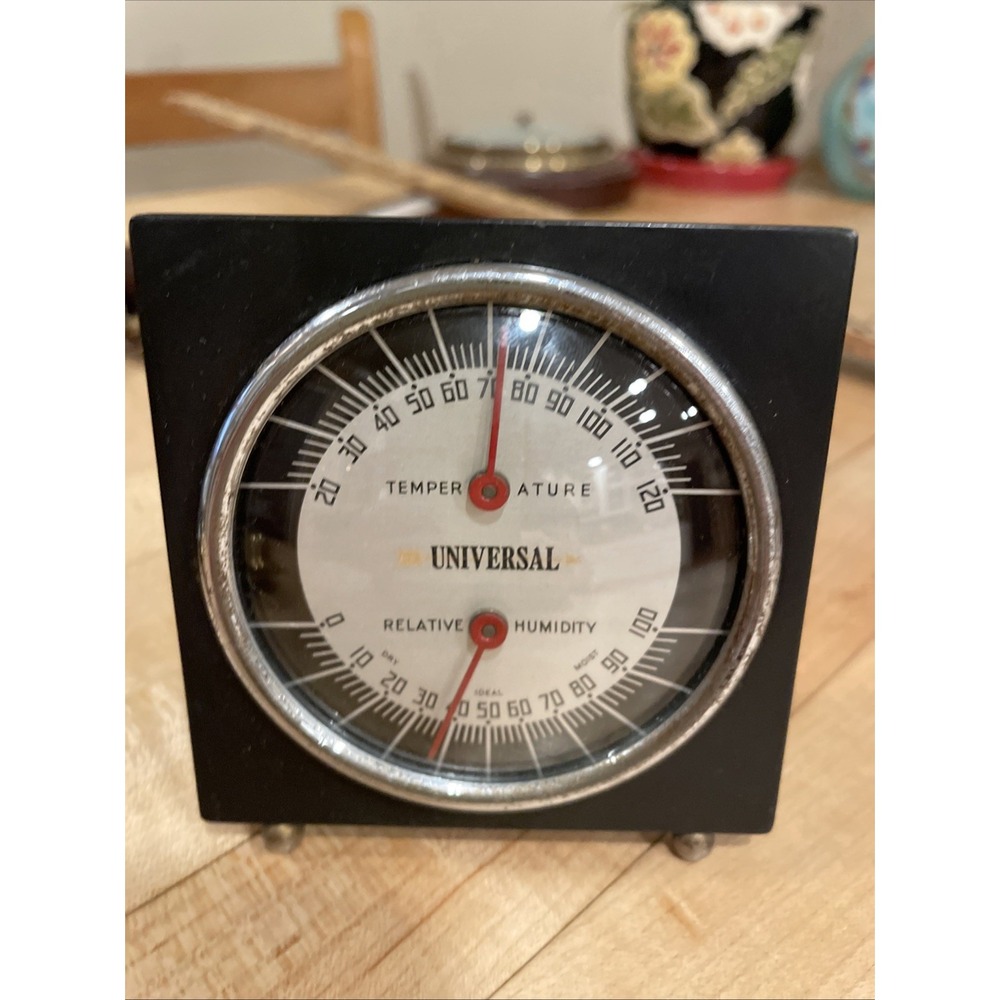 VTG 4" MCM Universal Atomic Style Barometer Thermometer Brown Desk Top